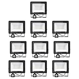Jefedana 10 pack-Foco LED con Sensor Movimiento 50W 5000LM Foco LED con Sensor de Movimiento IP66 Impermeable 3000K Blanco Cálido Foco Exterior focos Seguridad para Jardín, Garaje, Fábrica