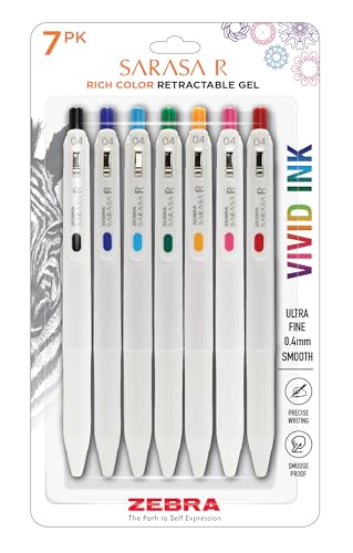 Zebra Pen Sarasa R Retractable Gel Pen, Extra Fine Point 0.4mm, School & Journaling Supplies, Rubber Grip, Binder Clip, Assorted Water-Resistant Ink, 7-Pack (47807)