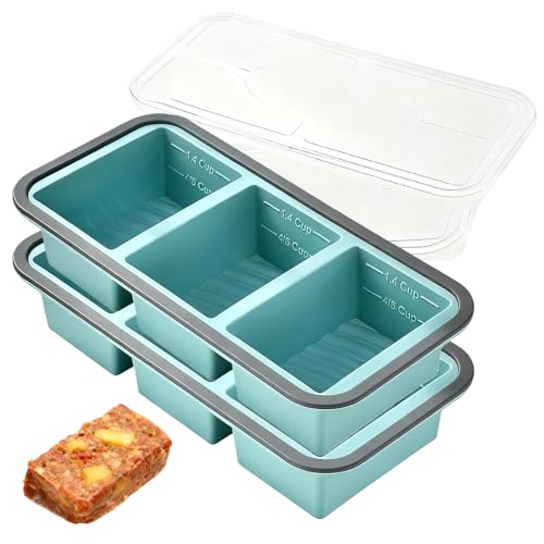 GOMETY 2 contenitori per zuppe, congelamento, in silicone, 3 griglie con coperchio, grandi contenitori per il congelatore, per zuppa, brodo, salsa, cubetti di ghiaccio (blu)