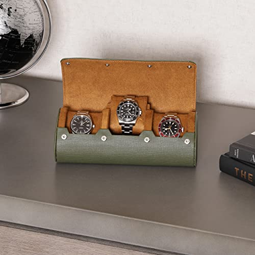10 Slot Leather Watch Box With Matching 3 Slot Watch Roll - Luxury Watch Case Display Organizer Microsuede Liner, Locking Mens Jewelry Watches Holder, Men's Storage Boxes Holder Glass Top Green/Tan #TOP7