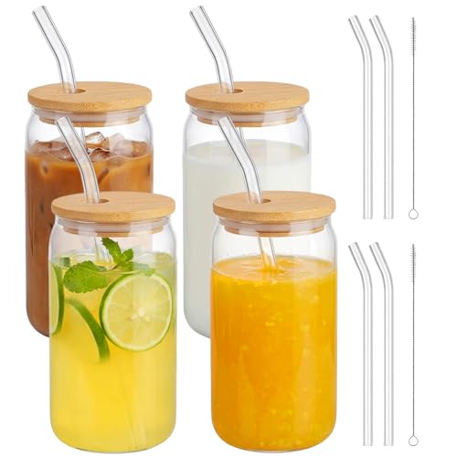Gykutix Set di 4 Bicchieri con Cannuccia e Coperchio, 500ml Riutilizzabile Bicchieri da Caffe Vetro, per Tazze di Ghiaccio, Limonata, Frullati, Birra, Cocktail