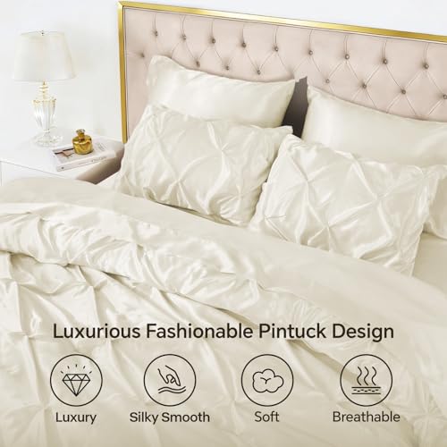Image of BEDELITE Satin Comforter Set Queen Size, 7 Pieces Pintuck Bed in A Bag with Comforter, Flat Sheet, Fitted Sheet, Pillowcases, Shams, Soft Similar to Silk Bed Set for All Seasons (Ivory White)
