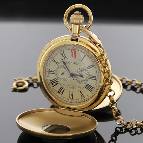 Image of Copper Pocket Watch Steampunk Mechanical London Hand Wind Mens Watches with Chains & Boxs