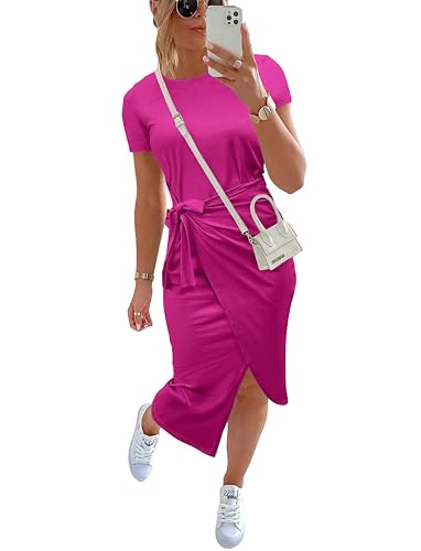 Image of NOLLSOM Women Casual Sleeveless Striped Tank Midi Dresses Halter Neck Ruched Bodycon Dresses Tie Waist T Shirt Summer Dress