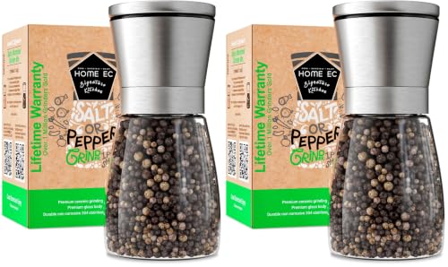 Image of HOME EC Original Stainless Steel Salt or Pepper Grinder 1pk - Adjustable Ceramic Sea Salt Grinder or Pepper Mill - Tall Glass Spice Shaker - Spice Mill w /EBook (Pack of 2)