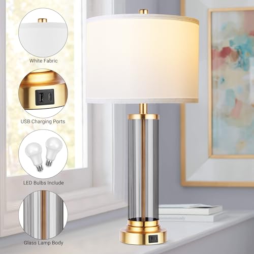 Qimh Touch Control Table Lamp Set Of 2 With Usb A+C Ports, 3-Way Dimmable Nightstand Lamp With Fabric Cream Shade thumb #5