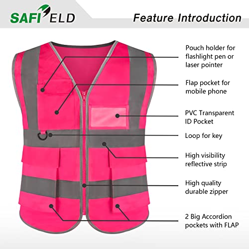 Safield Safety Reflective Work Vest 6 Pack For Men And Women With 8 Pockets And Zipper High Visibility Construction Outerwear #TOP1