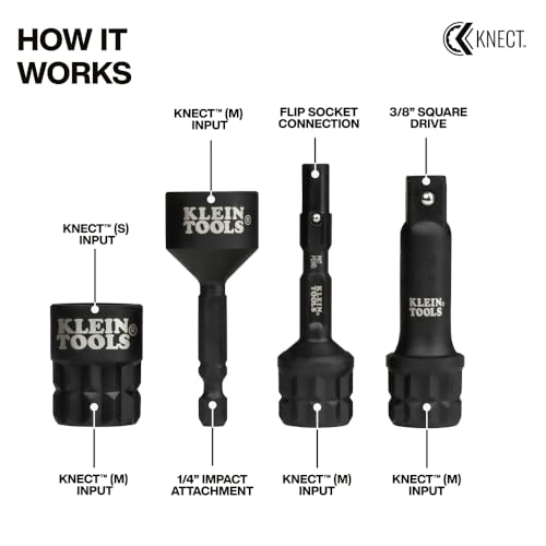 Image of Klein Tools 65KADPM KNECT (M) Impact Socket Adapter Set, 4 Adapters for 3 /8-Inch Drive Tools, Flip Sockets and Impact Drivers, Compatible with KNECT (S) and (M) Systems