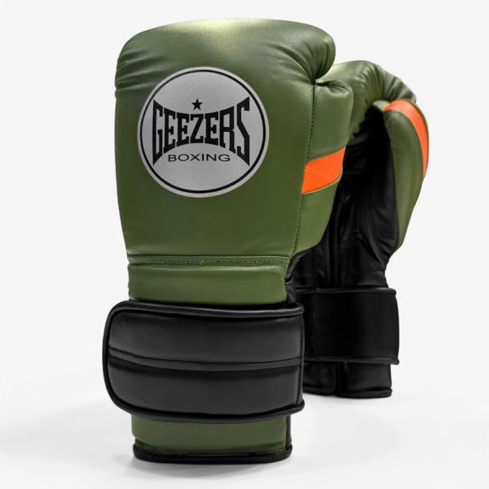 Geezers FS1 Training Boxing Gloves Cowhide Leather, Velcro Closure, Durable for Gym & Sparring, Excellent Wrist Support (Khaki/Black/Lumi Orange, 14oz)