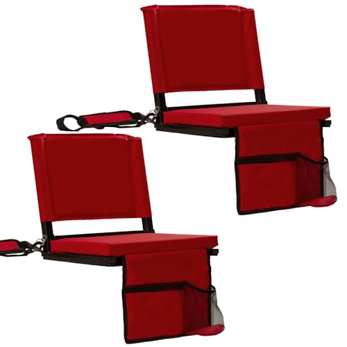 Image of Stadium Seats with Back Support for Bleachers, Folding Bleacher Chairs with Back and Cushion, Padded Seat with Shoulder Strap, Large Mesh Pocket & Carry Handle, Red, 2pcs