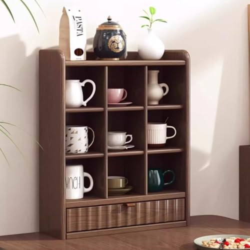 LAJUU 4-tier Wooden Coffee Mug Display Rack With Drawer, Solid Wood 9 Compartments Cup Holder Box Countertop/wall Mounted Kitchen Storage Shelf Walnut Color, For Home Office Coffee Station Bar