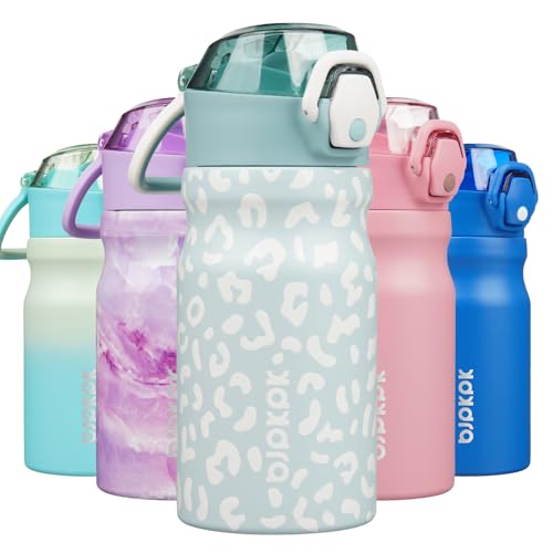 Image of BJPKPK 14 oz Insulated Water Bottle, Straw, Handle, Stainless Steel Flask | Leak Proof Locking Lid, Double Wall Vacuum, Keeps Hot /Cold, BPA Free, Travel & Sports, Light Blue Leopard