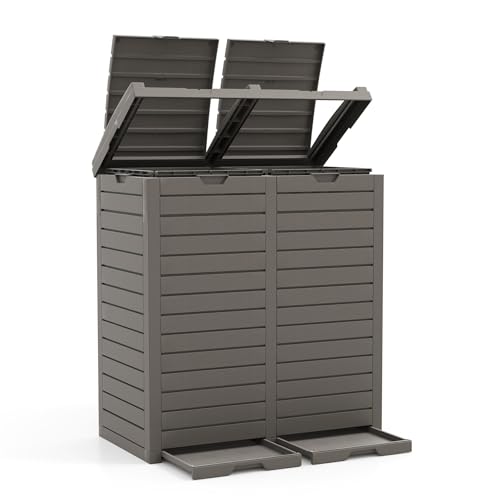 LIFEZEAL 235L Pattumiera Differenziata Esterno a 2 Scomparti, Bidoni Giardino, Resistente alle Intemperie, in Resina, con Coperchio, Maniglia, Cestino Raccolta Spazzatura, Secchio, 40x77x86cm, Marrone