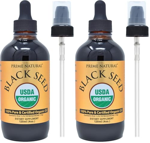Image of Prime Natural Organic Black Seed Oil 4oz - Cold Pressed Unrefined High Thymoquinone 1.7% USDA Certified - Turkish Origin Potent Nigella Sativa Liquid - Vegan Omega 3 6 9, Antioxidant (Pack of 2)
