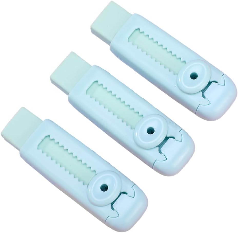 3 Pack Retractable Pencil Eraser with Refills - Soft, Blue, Sliding Push Pull Large Eraser with Plastic Sleeve for School, Office, Home, Artists