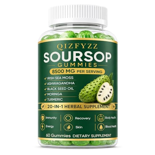 Qizfyzz Soursop Gummies Antioxidant Immune & Energy Support Herbal Daily Supplement with Soursop Leaf Extract Sea Moss Ashwagandha Black Seed Moringa & Turmeric 60 Gummies (1 Piece)