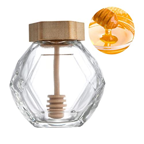 Yiyifor Dispensador de Miel,1 pcs Tarro para Miel con Cucharón de Madera Y Tapa de Corcho Juego de Tarros de Mermelada Transparente para Restaurante de Cocina Casera (Mini)