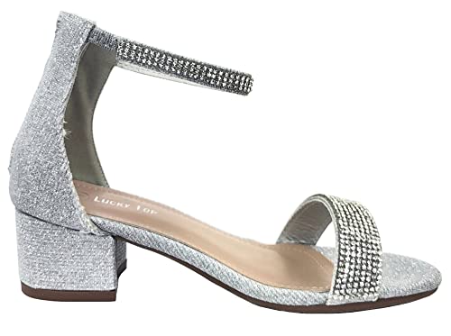 Lucky Top Girls Dress Dress Sandal Rhinestones Low Heel Ankle Strap, Silver, 2 #TOP3