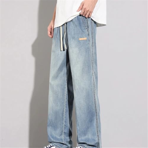 Men's Summer Thin Denim Jeans Loose Fit Stretch Waist Korean Vintage Style Casual Long Pants3
