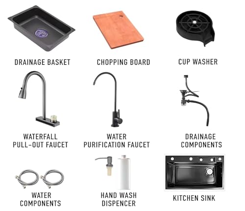 Image of ARQUIN Waterfall Kitchen Sink 24 inchx18 inchx9 inch Black Stainless Steel | Multifunctional Smart Kitchen Sink, Premium Heavy Stainless Steel, Integrated Waterfall Pull Down Faucet