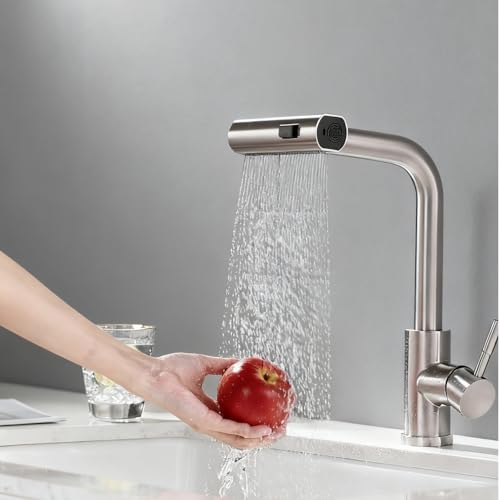 TEKXDD Kitchen Faucet with Pull-Out Sprayer, Kitchen Mixer Tap with Cascade Flow, 360° Swivel & Retractable, 3 Spray Modes, Stainless Steel Brushed Finish - High Performance Faucet for Kitchen Sink
