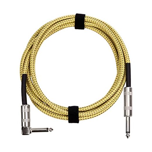 Amazon Basics Cable Auxiliar para Guitarra Eléctrica, Bajo, Teclados, Trenzado, Conector de 6,35mm en Ángulo Recto, Silencioso , 3 m, Amarillo y Marrón