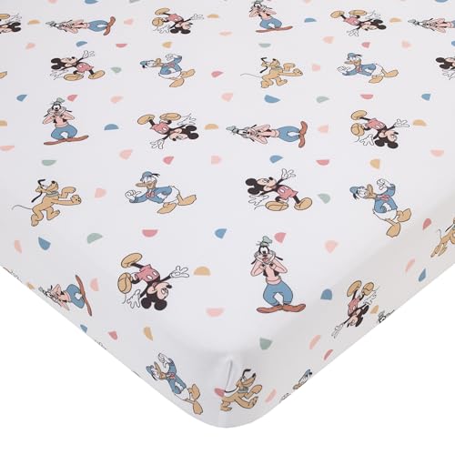 Image of NoJo Disney Mickey Mouse Light Blue, White, and Tan Donald Duck, Goofy, and Pluto Super Soft Nursery Fitted Crib Sheet