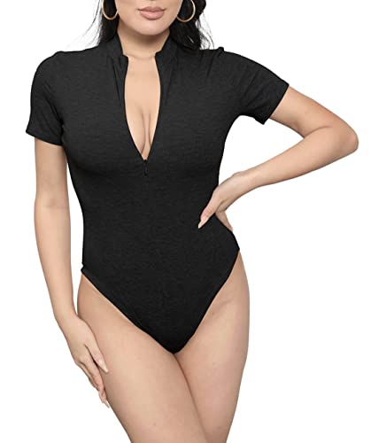 BUENOS NINOS Sexy Body für Damen mit Reißverschluss vorne, Stehkragen, kurze Ärmel/lange Ärmel, gerippter Body, schwarz 2, XXL