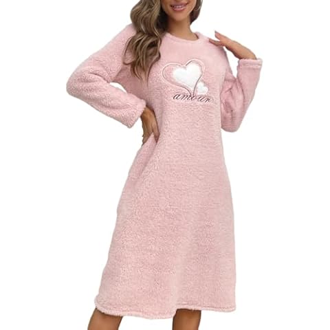 Eternatastic Women Long Sleeve Nightgown Fleece Dresses Thicken Plush Midi Dress Fuzzy Night Shirt Pullover Sweatshirt Pink Cover