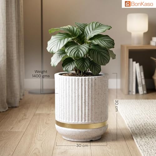Image of BonKaso 14 Inch Tower Plant Pot for Indoor & Outdoor | Modern Lightweight Polymer Planter | Weather, UV & Frost Resistant | Ideal for Living Room, Balcony, Office & Nursery (White)