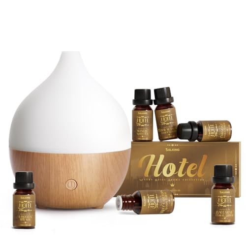 SALKING Set Difusor Aceites Esenciales con Aceites Aromáticos de Lujo Estilo Hotel, 100ml Humidificador Aceites Esenciales Ultrasónico Sin BPA, Difusor de Aromas 8 LED, para Hogar y Oficina, Blanco
