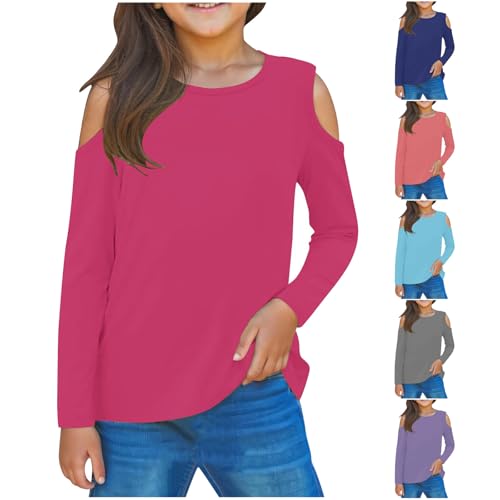 Girls' Cold Shoulder T-Shirts Loose Fit Casual Solid Cute Long Sleeve Pullover Crew Neck Tee Tops 3-12 Years2