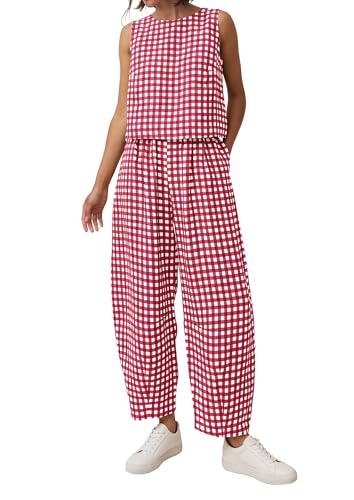 PRETTYGARDEN Womens 2 Piece Sets 2026 Summer Plaid Sleeveless Tops Wide Leg Pants Matching Lounge Set Beach Vacation Outfits (Plaid Red White Large)