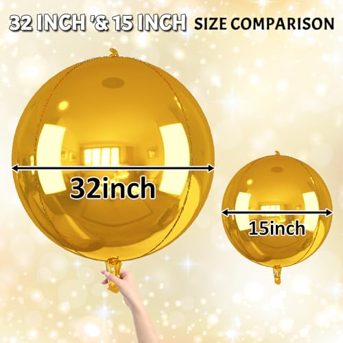 Image of Gold Round Foil Balloons 32 Inch 5 Pcs 4D Ball Balloons Metallic Golden Balloon Ornament Mylar Balloon Chrome for Birthday Graduation Wedding Anniversary New Year Disco Party Decorations