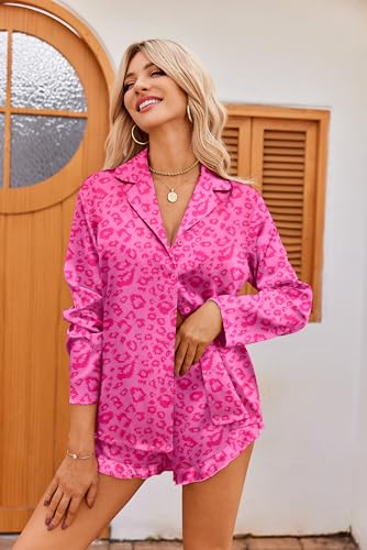 Ekouaer Womens Satin Pajama Sets Long Sleeve Top and Shorts Lounge Set Button Down Sleepwear2