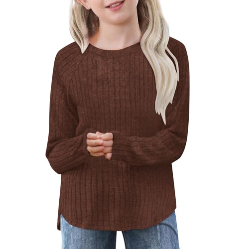 Ribbed Knit Blouses for Girls Solid Color Loose Fit Tunic Tops Spring Knit Tops Long Sleeve Casual Crewneck Shirts