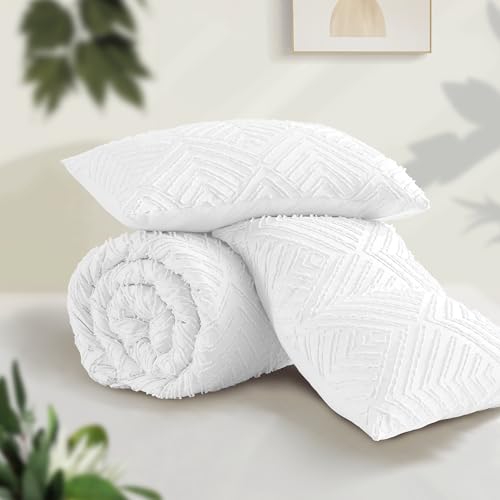 Image of Andency White Comforter Full Size, 3 Pieces Boho Lightweight Fluffy Bedding Comforter Set for Full Bed, Tufted Farmhouse Design Bed Set for All Seasons (1 Comforter 79x90In, 2 Pillowcases)