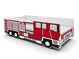 ACMA Feuerwehrbett Kinder Autobett 160x80 cm mit Matratze und Lattenrost, Juniorbett Feuerwehrauto mit Personalisierung – Name