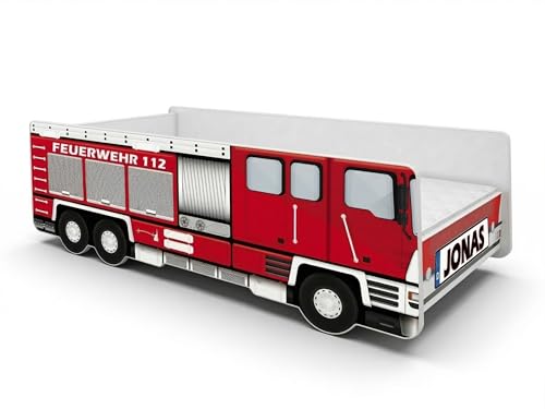 ACMA Feuerwehrbett Kinder Autobett 160x80 cm mit Matratze und Lattenrost, Juniorbett Feuerwehrauto mit Personalisierung – Name