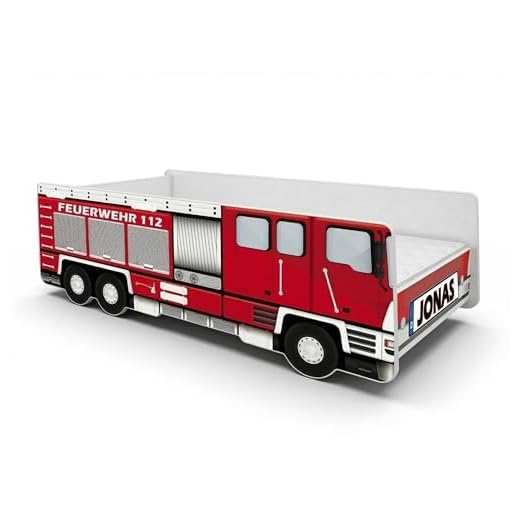 ACMA Kinderbett Auto-Bett Feuerwehr mit Rausfallschutz, Lattenrost und Matratze (160x80 + Name)