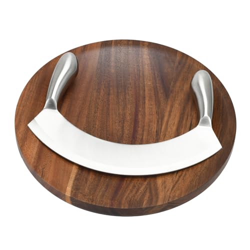 Holzschneidebrett Set Rundes Kräuterbrett mit Wiegemesser konkaves Servierbrett passend zum Schneiden von Gemüse Kräutern Brot Zwiebeln - Akazienholz 2 5 cm dick