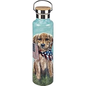 Primitives by kathy puppy dog with american flag insulated stainless steel watter bottle thermos 25 oz  urban country home decor