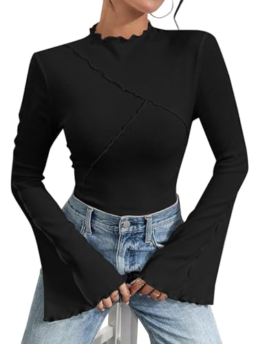 Remidoo Womens Mock Neck Bell Long Sleeve T Shirt Lettuce Trim Fitted Shirt4