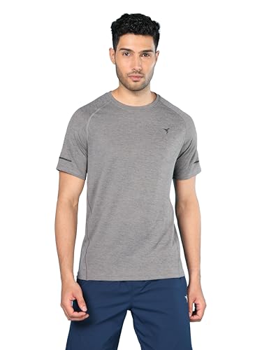 Image of TECHNOSPORT Men's Melange Slim Fit Round Neck T-Shirt Double Cool Raglan Sleeve Slip On Polyester for Gym Running Workout UPF50+ Anti Odour