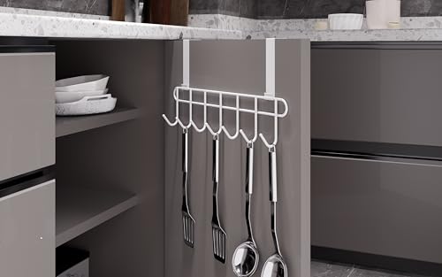 Image of Over the Door Hook Hanger Rack | Heavy Duty Multi Alloy Steel | No Drill 7 Hook Organizer | Space Saving Door Hanger for Bedroom, Bathroom, Kitchen & Home Storage - White (Pack of 2)