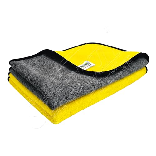 Image of SOFTSPUN Microfiber Cloth for Car Coral 800GSM 40X60cms 2 Pcs Yellow+Grey! Extra Thick Microfiber Cleaning Cloths Perfect for Bike, Auto, Cars Both Interior and Exterior.