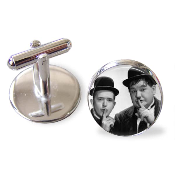 HandmadeLaurel and Hardy Cufflinks handmade 16mm round silver plated cufflinks unique design