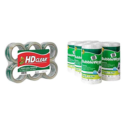 Duck HD Clear Heavy Duty Packing Tape Refill, 6 Rolls, 1.88 Inch x 54.6 Yard, (441962) & Brand Bubble Wrap Roll, Original Bubble Cushioning, 12