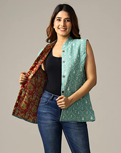 Image of Ravaiyaa - Attitude is everything Women's Floral Printed Reversible Quilted Jacket Coat Blazer Jacket Sleeve Less Waistcoat