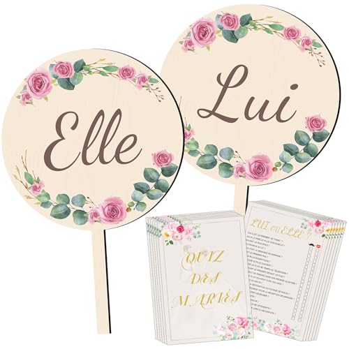 Bomtop Decoration Mariage, 2 Pièces Elle et Lui Pancarte en Bois et 12 Feuilles Quiz des Mariés Cartes de Questions, Jeu de Mariage pour les Invités, Jeu...